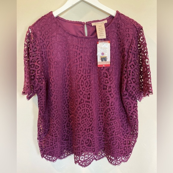 Philosophy Republic Plum Lace Overlay Short Sleeve Top Women’s Size XL - Picture 1 of 5